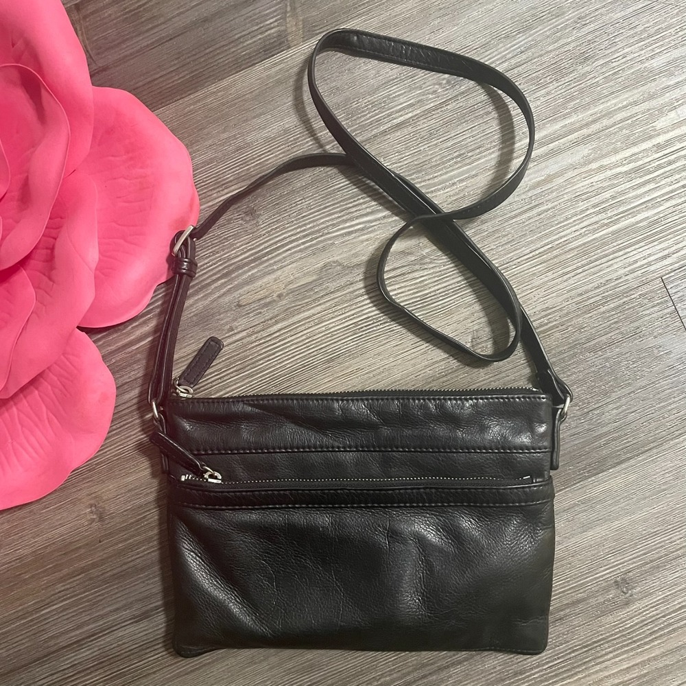 MARGOT Black Soft Leather Adjustable Strap Crossbody Shoulder Bag 10"